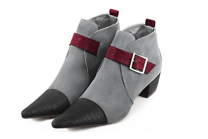 Dark grey and burgundy red women's ankle boots with buckles at the front. Pointed toe. Low cone heels. Front view - Florence KOOIJMAN